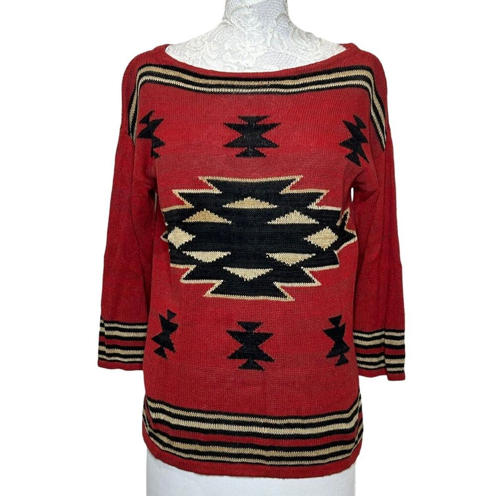 Chaps Southwest Linen & Cotton Blend 3/4 Sleeve Sweater Knit Red Women’s Small
